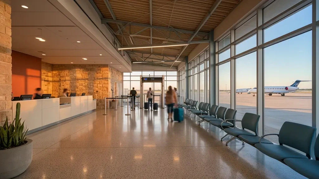 Intérieur du terminal de l'aéroport international de Del Rio au Texas avec comptoirs d'enregistrement, sièges et vues sur le tarmac à travers de grandes fenêtres