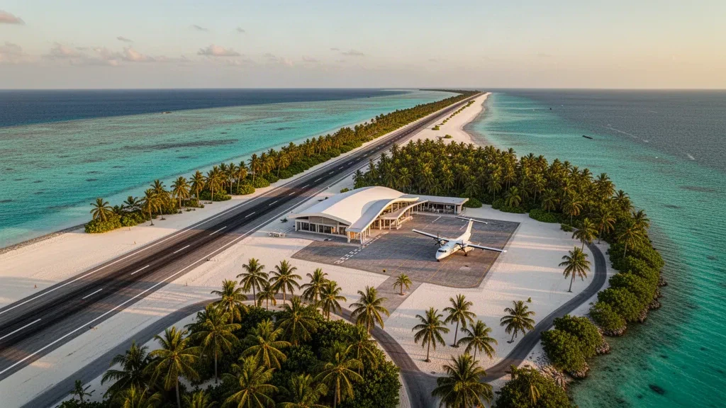 Vista aérea del aeropuerto de Dharavandhoo en el atolón Baa, Maldivas, con una pista tropical junto a aguas de laguna turquesa durante la hora dorada