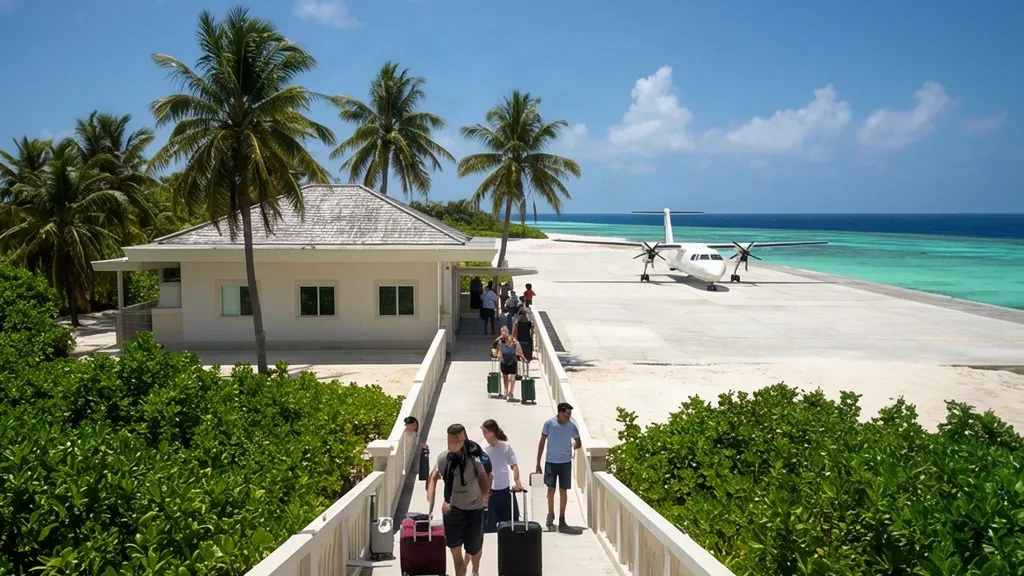Baa Atoll'de bir Maldiv adasındaki Dharavandhoo Havalimanı'nda parlak tropikal ışık altında alçak katlı terminal ve palmiye ağaçlarıyla çevrili apron
