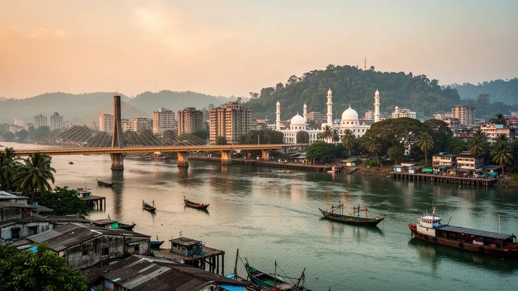 Chittagong skyline and river bridge spanning the Karnaphuli River at golden hour in Bangladesh