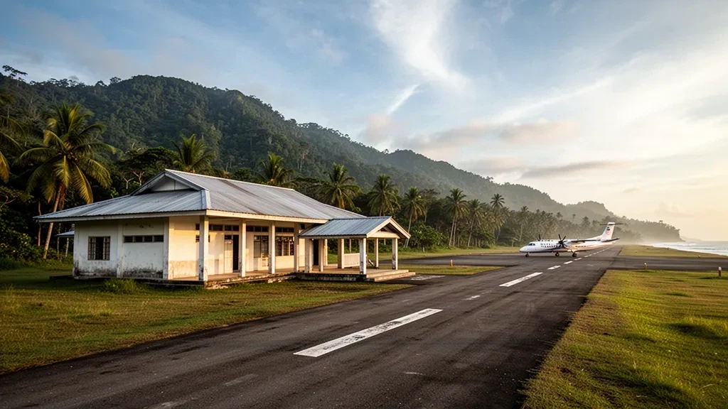 Petit terminal tropical et piste d'atterrissage à l'aéroport de Dilasag dans l'Aurora, aux Philippines, encadrés par les montagnes de la Sierra Madre à l'heure dorée.