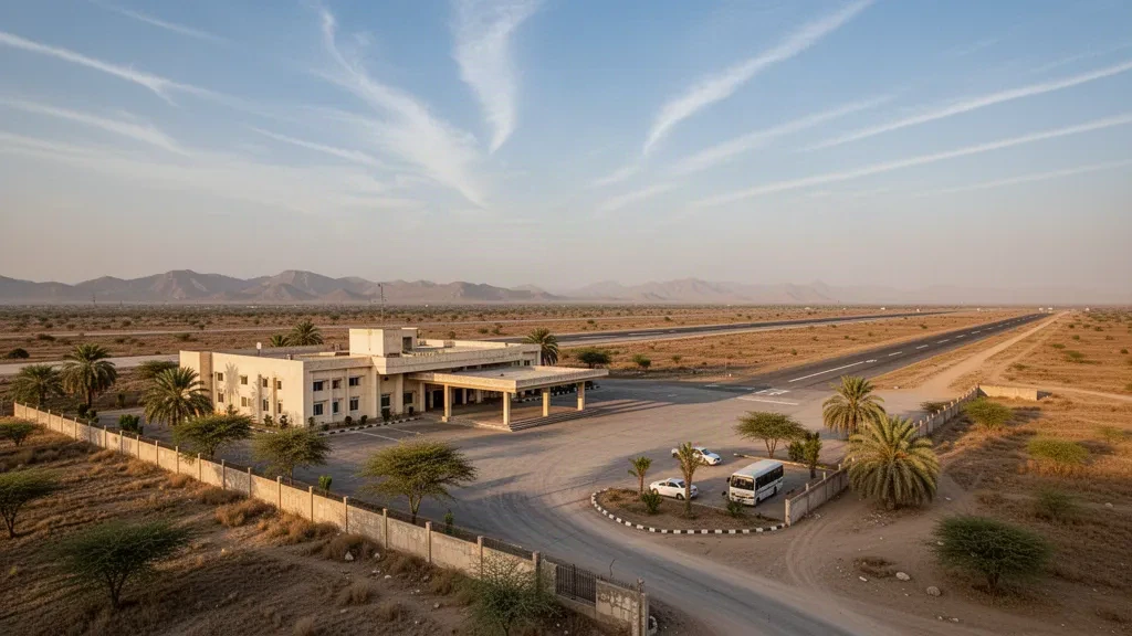 Pequeña terminal de aeropuerto regional y plataforma tranquila en las llanuras áridas cerca de Dera Ismail Khan, Pakistán, iluminadas por la cálida luz del final de la tarde