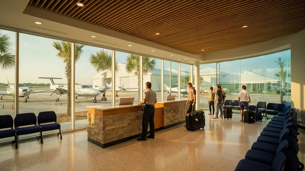 Intérieur ensoleillé du terminal de l'Aéroport Destin Executive DSI en Floride, avec comptoir d'enregistrement, zone d'attente et vues sur le tarmac