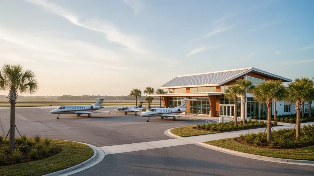 Terminal moderno, palme e jet aziendali sul piazzale dell'Aeroporto Destin Executive in Florida, con la calda luce dorata della costa al tramonto