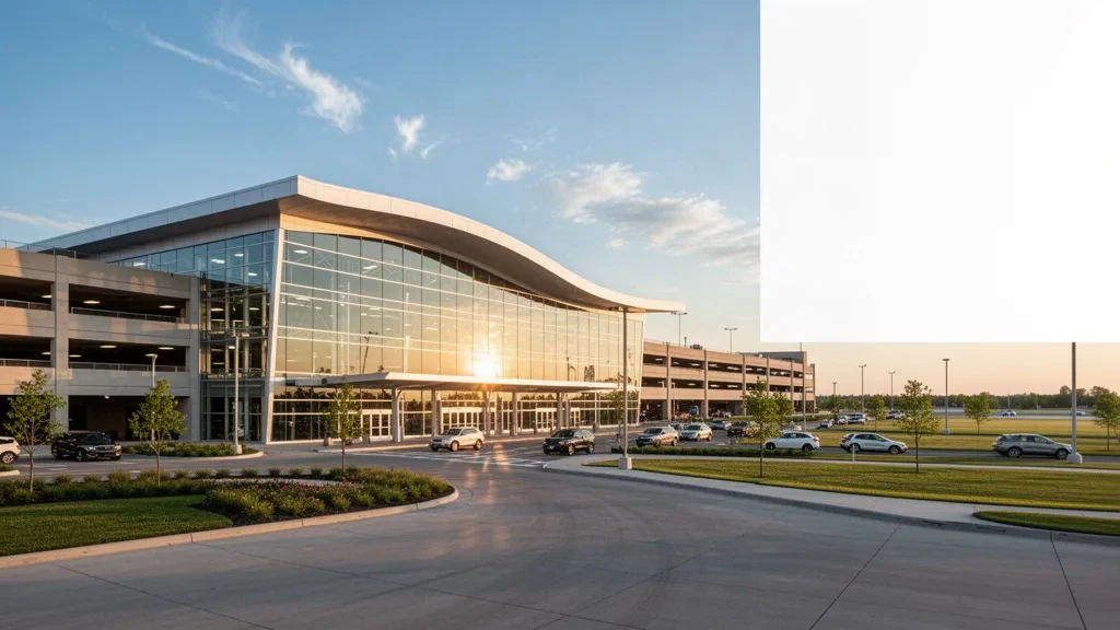 Terminal moderna de cristal y carriles de descenso en el Aeropuerto Internacional de Des Moines durante la hora dorada en Iowa.