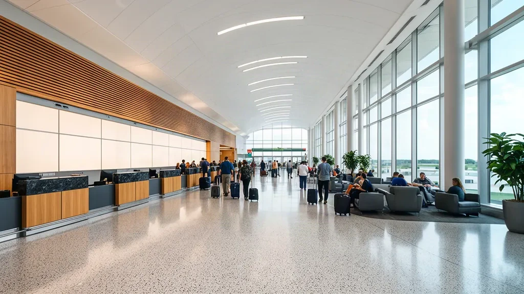 Sala de facturación luminosa dentro del Aeropuerto Internacional de Des Moines con viajeros haciendo cola en mostradores sin marcar bajo un techo curvo con claraboyas