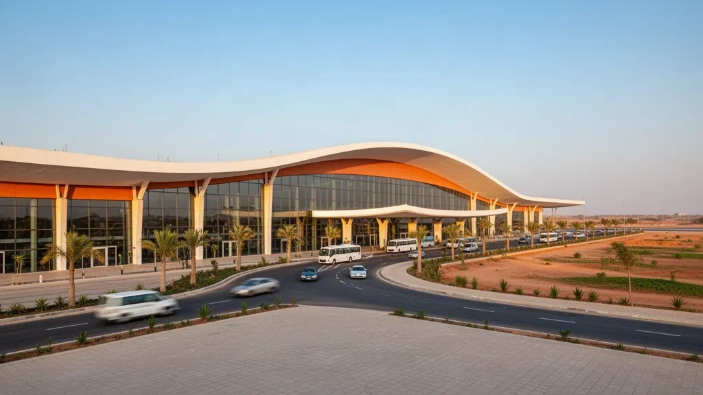 Toiture incurvée moderne et façade vitrée du terminal de l'aéroport international Blaise Diagne au Sénégal sous une chaude lumière dorée