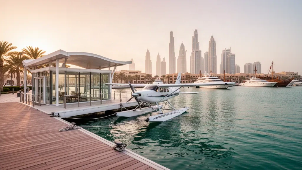 Idrovolante ormeggiato al Dubai Seaplane Terminal sul Dubai Creek, con il porto turistico sul lungomare e lo skyline della città durante l'ora d'oro.