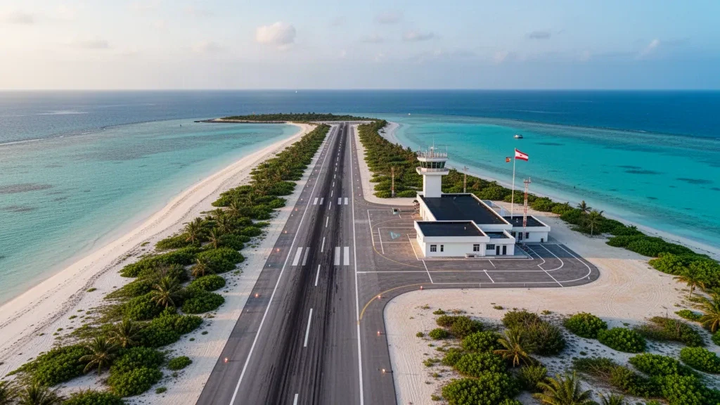 Aerial view of Dongsha Island Airport on Pratas Island, showing its remote tropical runway, small terminal and turquoise South China Sea coastline.
