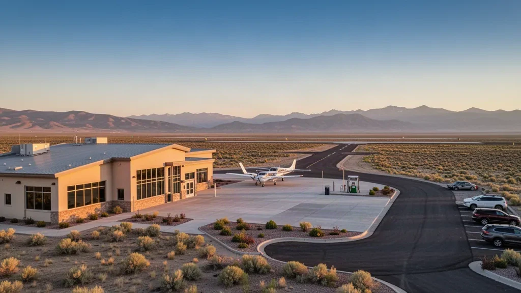 Petit terminal d'aviation générale, tarmac et piste à l'aéroport municipal de Delta, dans le haut désert de l'Utah, à l'heure dorée