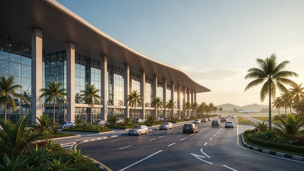 Extérieur moderne du terminal de l'aéroport international de Dara Sakor à Koh Kong, au Cambodge, avec un aménagement paysager tropical et une lumière dorée.