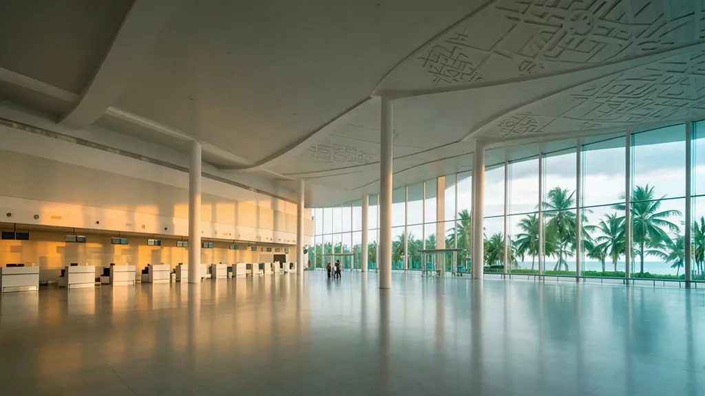 Sala partenze quasi vuota all'interno del moderno terminal dell'aeroporto internazionale di Dara Sakor a Koh Kong, in Cambogia
