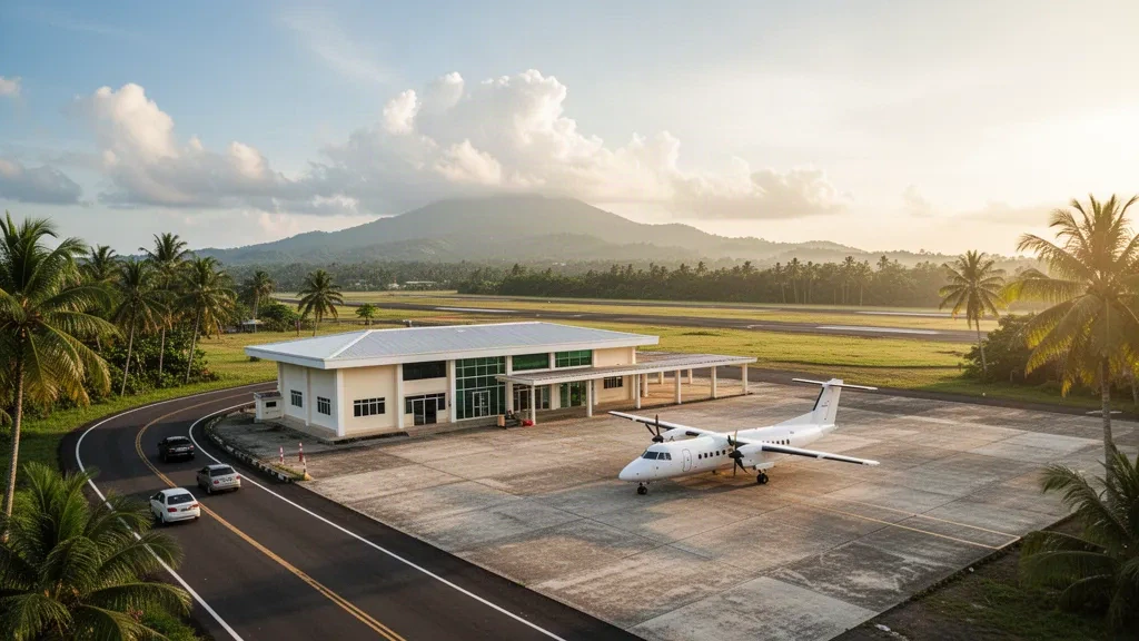 Low tropical terminal building and parked turboprop on the apron at Daet Airport in Camarines Norte, Philippines, in warm late afternoon light.