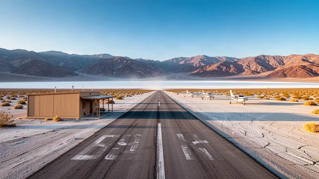 Pequeña pista de aterrizaje en el desierto y avionetas ligeras estacionadas en el aeropuerto de Furnace Creek, en el Valle de la Muerte, rodeadas de salinas y montañas áridas.