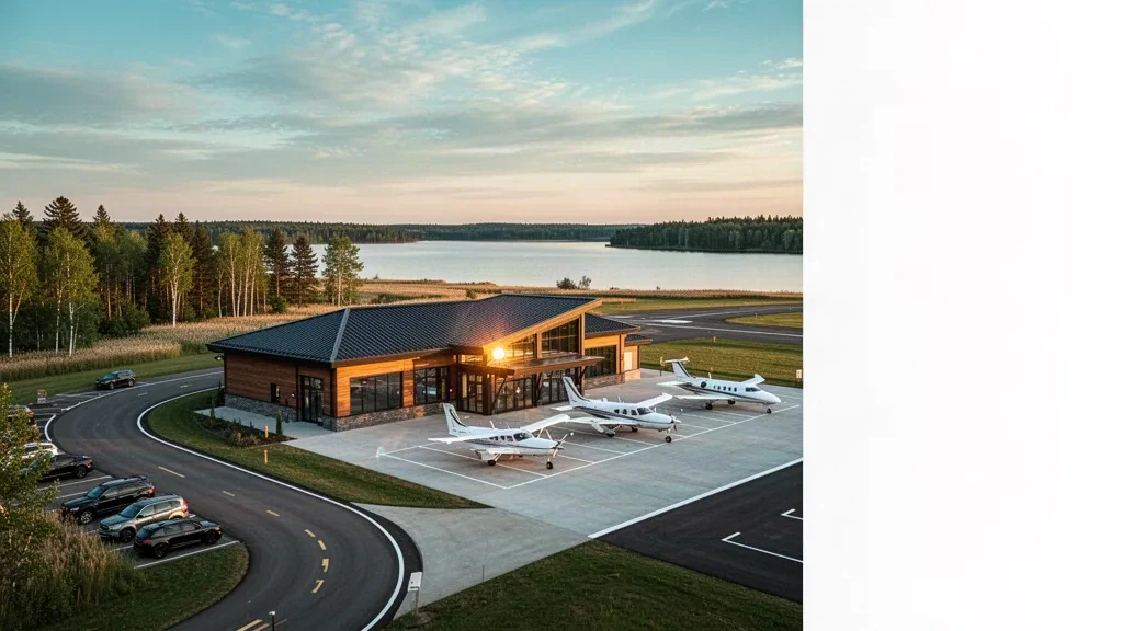 Petit terminal d'aviation générale moderne et aire de stationnement des aéronefs à l'aéroport de Detroit Lakes dans le Minnesota, encadrés par la prairie lacustre et des pins à l'heure dorée.