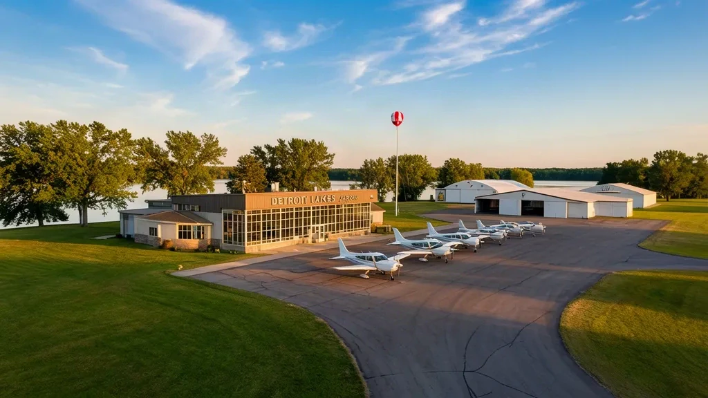 Minnesota'daki Detroit Lakes Havalimanı DTL terminali ve park alanının dış görünümü ve küçük uçak