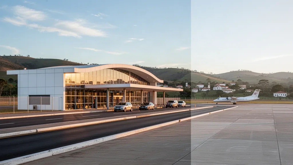 Kleines modernes Terminal und Abholbereich am Flughafen Diamantina in Minas Gerais, Brasilien, fotografiert im warmen Licht der goldenen Stunde