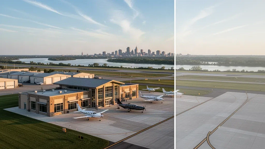 Kleines Terminal für die allgemeine Luftfahrt, Vorfeld und abgestellte Leichtflugzeuge am Shreveport Downtown Airport zur goldenen Stunde nahe dem Red River