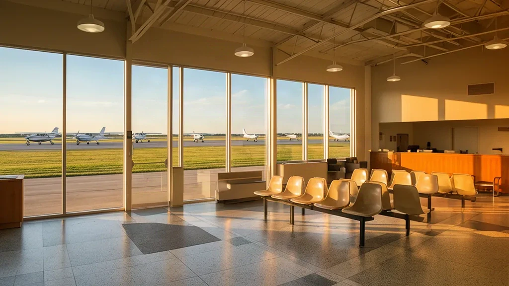 Helle Lobby des Terminals am Shreveport Downtown Airport mit großen Fenstern und Blick auf abgestellte Leichtflugzeuge und das Flugfeld