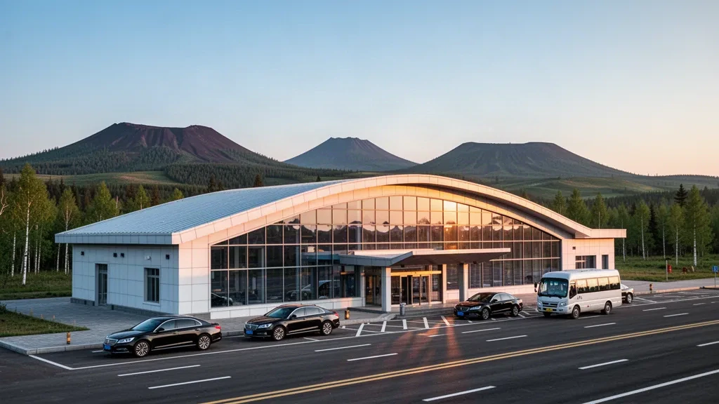 Exterior de la moderna terminal del aeropuerto de Wudalianchi Dedu en Heilongjiang, con vía de descenso, vehículos en espera y colinas volcánicas al fondo