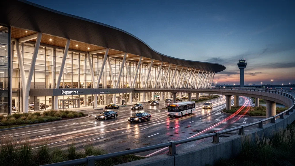 Modern glass terminal exterior and elevated drop-off lanes at Detroit Metropolitan Wayne County Airport at dusk