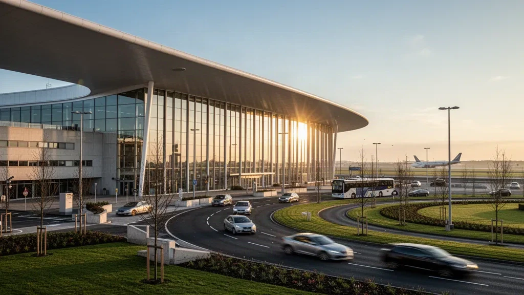 Façade moderne en verre du terminal et toit blanc incurvé à l'aéroport de Dublin avec voies de dépose à l'heure dorée
