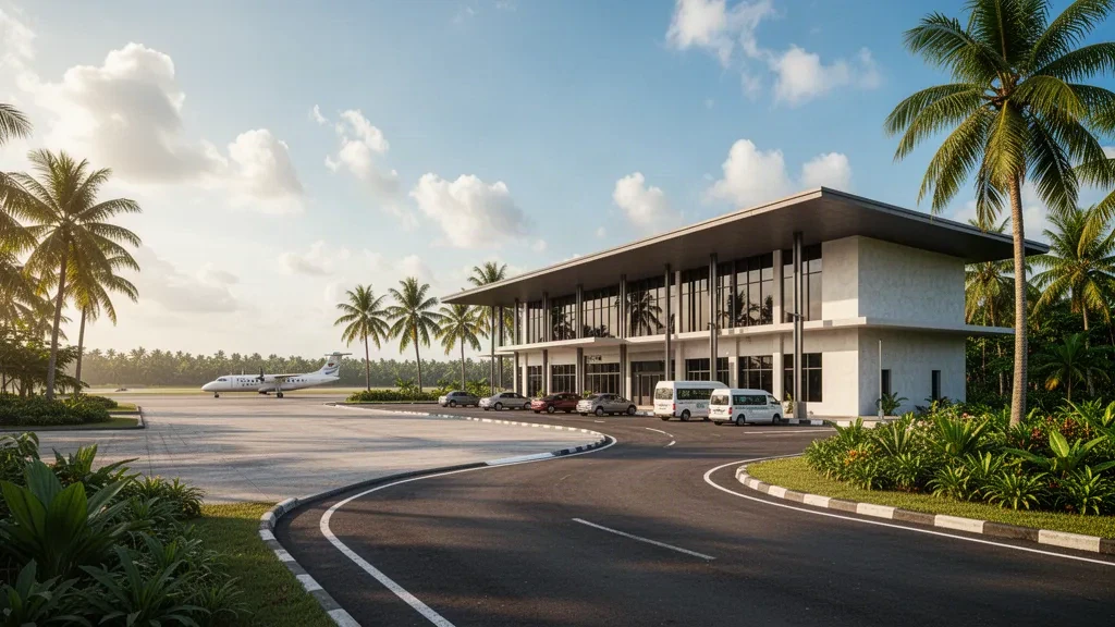 Tropical terminal and palm-lined drop-off lane at Pinang Kampai Airport in Dumai, Riau, under a bright morning sky