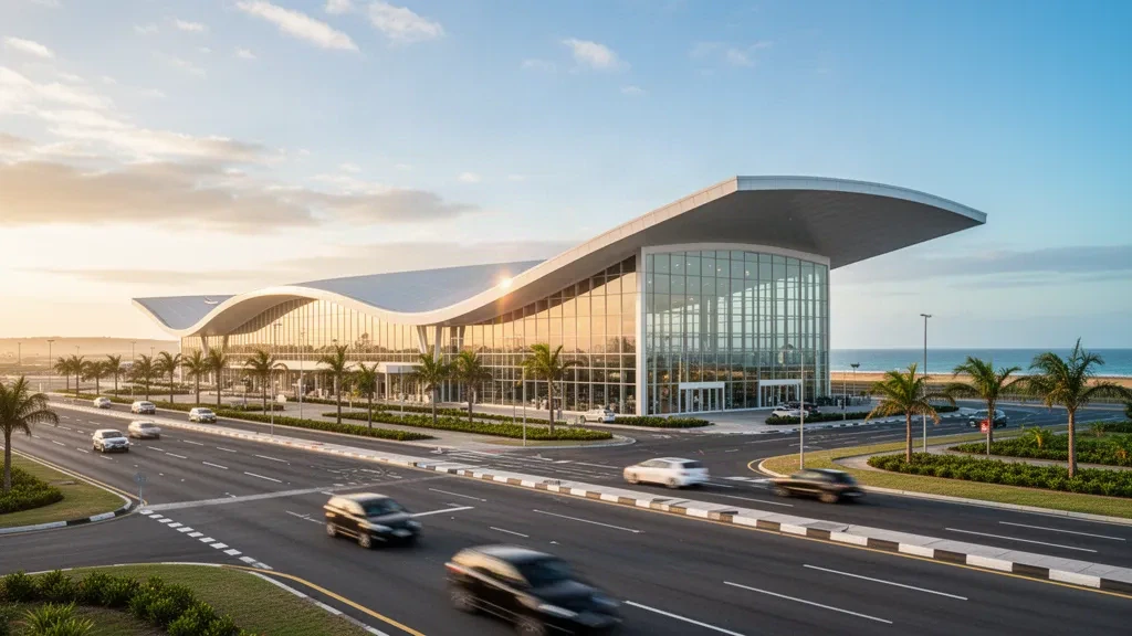Modern glass terminal exterior and drop-off lanes at King Shaka International Airport near Durban at golden hour