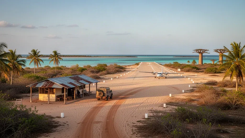 Pista costiera dell'aeroporto remoto di Andavadoaka nel sud-ovest del Madagascar con pista sabbiosa, palme e un piccolo aereo all'ora d'oro