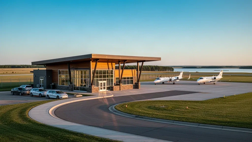 Terminal de l'aéroport régional de Devils Lake avec façade vitrée, voie de dépose en bordure de trottoir, avions régionaux stationnés et ciel de prairie ouvert