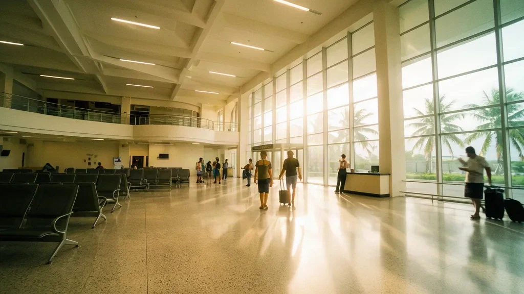 Departure hall interior of Francisco Bangoy International Airport in Davao City with travellers, waiting seats and tropical daylight through glass walls