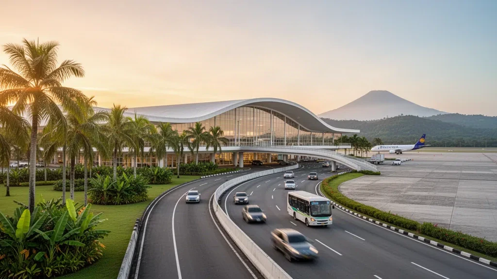 Esterno moderno del terminal in vetro dell'Aeroporto Internazionale Francisco Bangoy a Davao City con vegetazione tropicale durante l'ora d'oro
