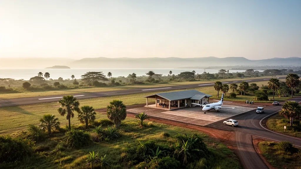 Small regional airstrip terminal and runway at Dwangwa Airport in Malawi, framed by tropical greenery in golden-hour light.