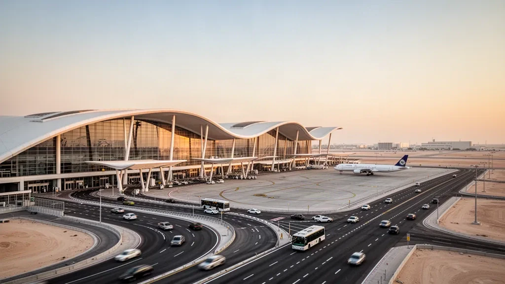 Modern white-curved terminal and glass facade of Al Maktoum International Airport in Dubai at dusk with access roads