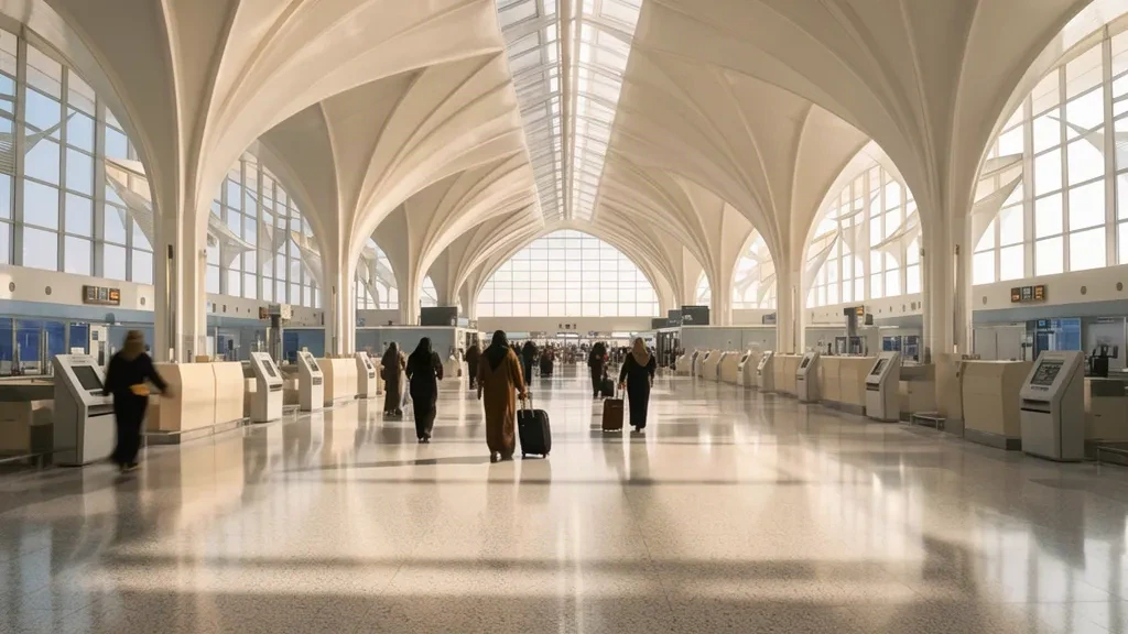 Interno spazioso della sala partenze dell'Aeroporto Internazionale Al Maktoum DWC a Dubai con soffitti bianchi a volta e luce naturale