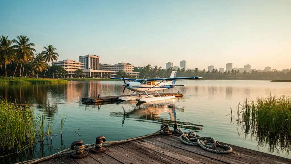 Idrovolante ormeggiato a un pontile di legno sul lago Diyawanna calmo presso la base per idrovolanti Diyawanna Oya vicino a Colombo durante l'ora d'oro