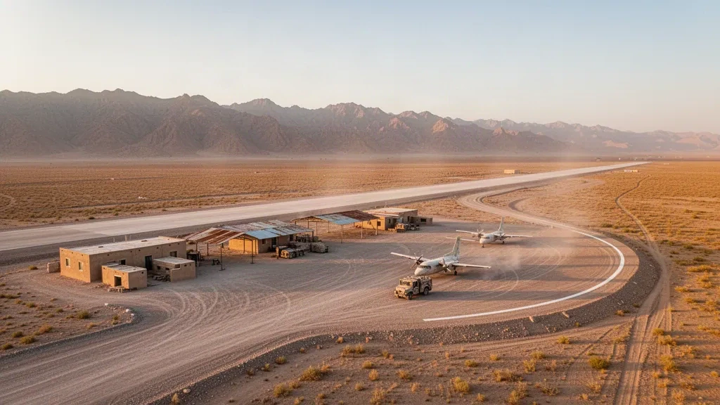 Aeródromo de Dwyer en la provincia de Helmand, Afganistán, una pista remota en el desierto con una pista polvorienta y montañas brumosas a la hora dorada