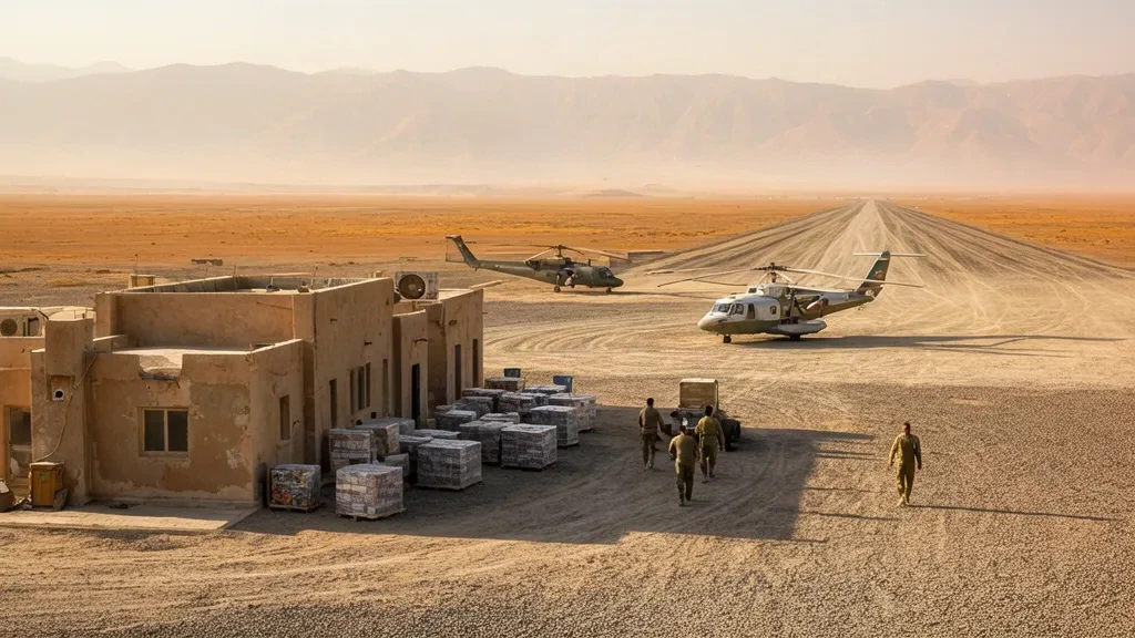 Aire de stationnement d'aérodrome désertique et bâtiments terminaux à l'aéroport de Dwyer dans le Helmand, en Afghanistan, avec des hélicoptères et du fret sous le soleil de fin d'après-midi