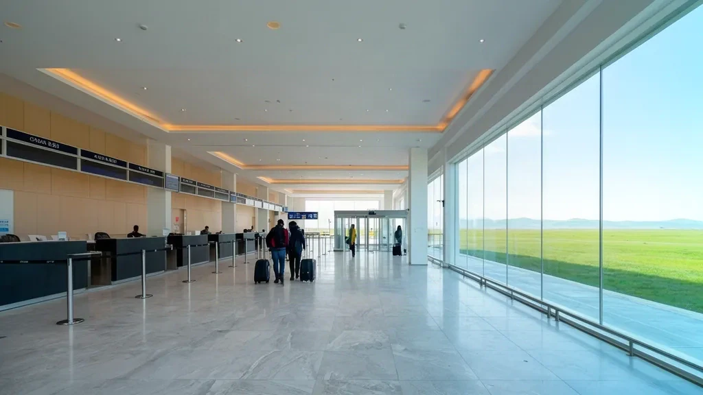 Intérieur moderne du terminal de l'aéroport de Morin Dawa Banner en Mongolie-Intérieure, avec comptoirs d'enregistrement, parois vitrées et vues sur la steppe au-delà