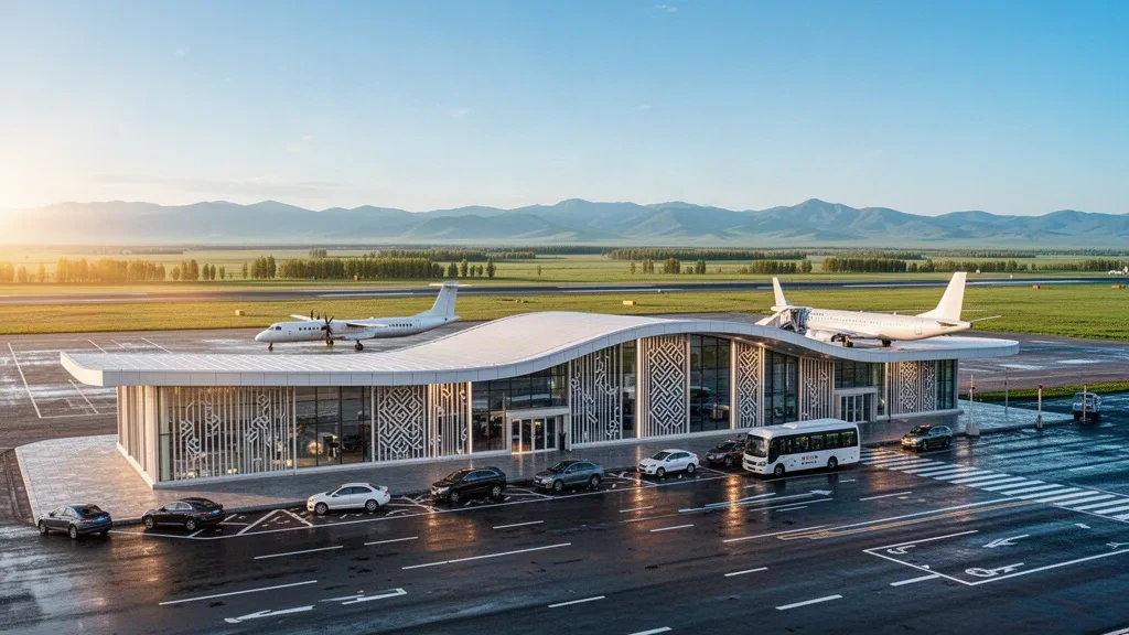 Moderno terminal in vetro e corsie di sosta per la riconsegna dei passeggeri all'aeroporto di Morin Dawa Banner in Mongolia Interna, con luce calda dell'ora d'oro