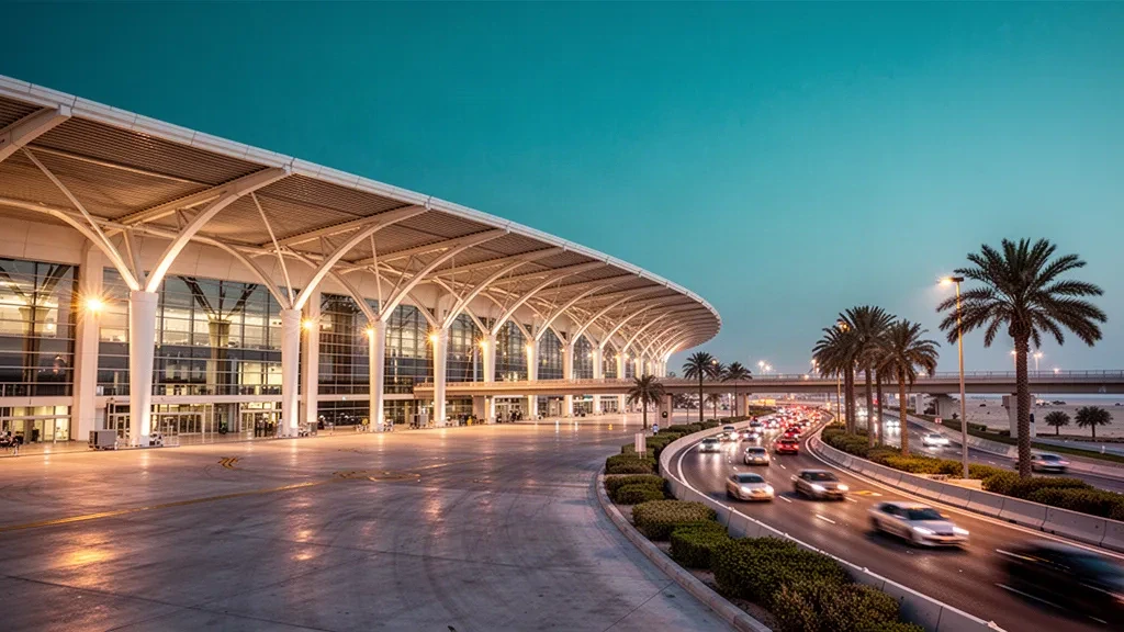 Extérieur moderne d'un terminal en verre à l'aéroport international de Dubaï illuminé au crépuscule, avec des routes d'accès bordées de palmiers et des voies de dépose