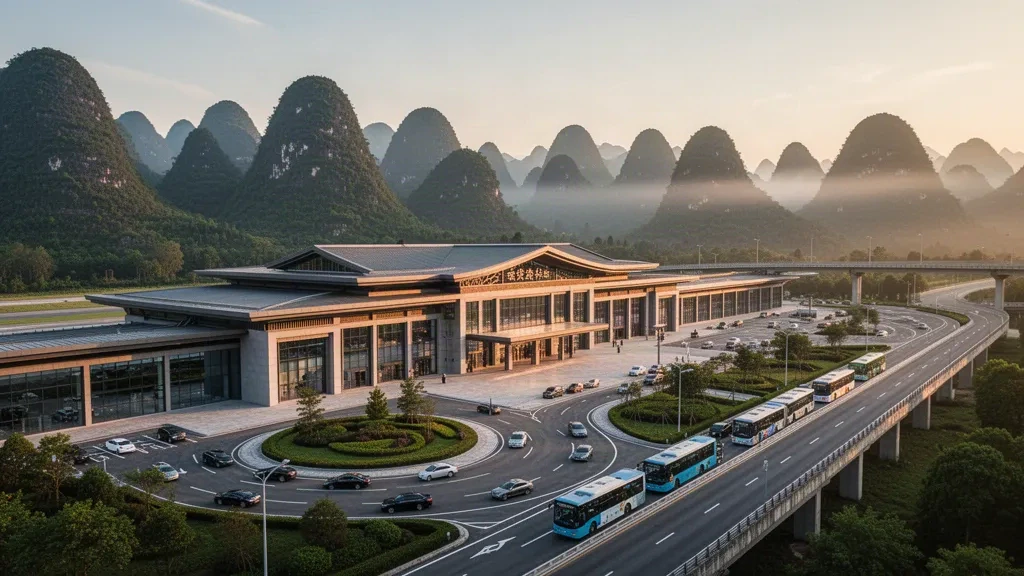 Moderner Terminal von außen am Flughafen Xiangxi Biancheng in Hunan, China, mit Glasfassade, Zufahrtsstraßen, grünen Bergen und Licht zur goldenen Stunde