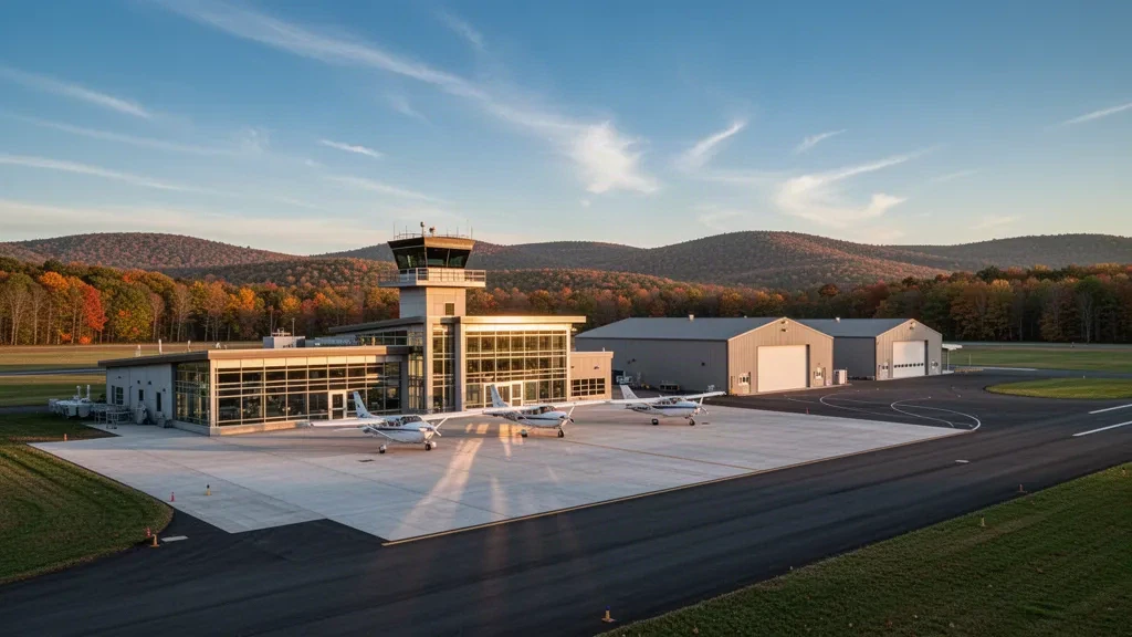 Danbury Municipal Airport terminal and control tower at golden hour with parked light aircraft and wooded Connecticut hills beyond