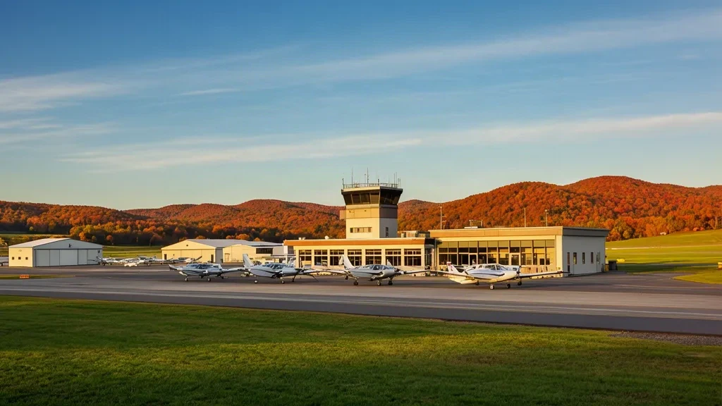 Außenansicht des Terminals und des Kontrollturms des Danbury Municipal Airport mit geparkten Flugzeugen der allgemeinen Luftfahrt auf dem Vorfeld.