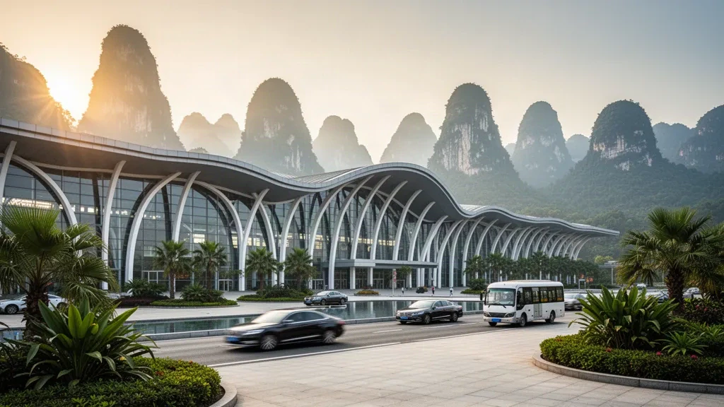 Modernes gläsernes Terminal und Vorfahrtsbereiche am internationalen Flughafen Zhangjiajie Hehua mit nebligen Karstgipfeln im Hintergrund