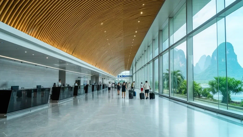 Helle Check-in-Halle im Terminal des internationalen Flughafens Zhangjiajie Hehua in Hunan mit Reisenden und Gepäck