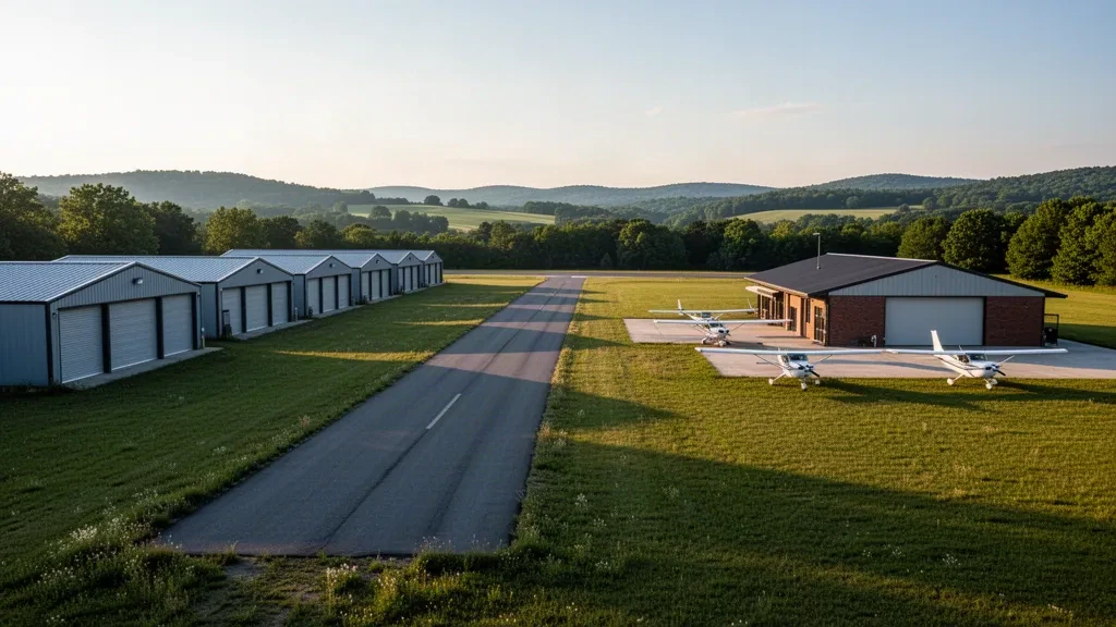 Einmotoriges Flugzeug und Hangars neben der Startbahn am Flughafen Doylestown in Bucks County, Pennsylvania, in warmem Licht zur goldenen Stunde.