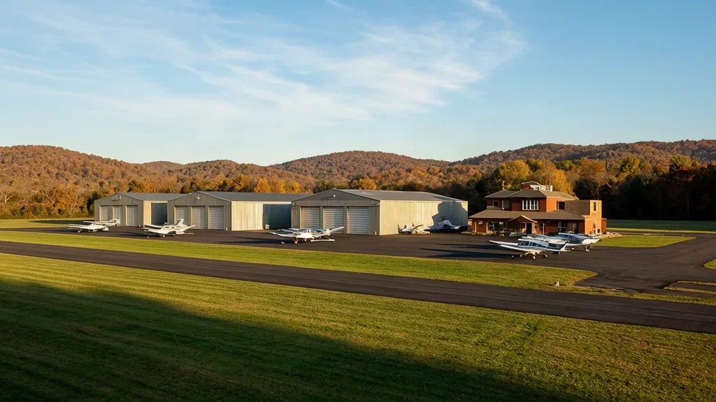 Leichtes einmotoriges Flugzeug, das auf dem Vorfeld neben niedrigen Hangars am Flughafen Doylestown in Bucks County, Pennsylvania, festgemacht ist.