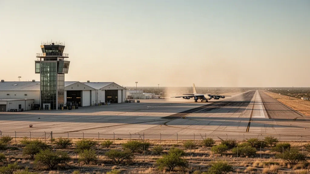 Fluglinie der Dyess Air Force Base in Westtexas mit einer langen Start- und Landebahn, Hangars und einem Kontrollturm im Licht der goldenen Stunde