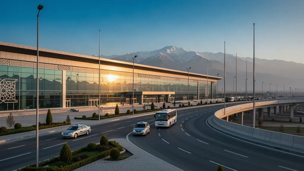 Extérieur moderne du terminal en verre et route de dépose à l'aéroport international de Douchanbé avec des montagnes enneigées à l'heure dorée